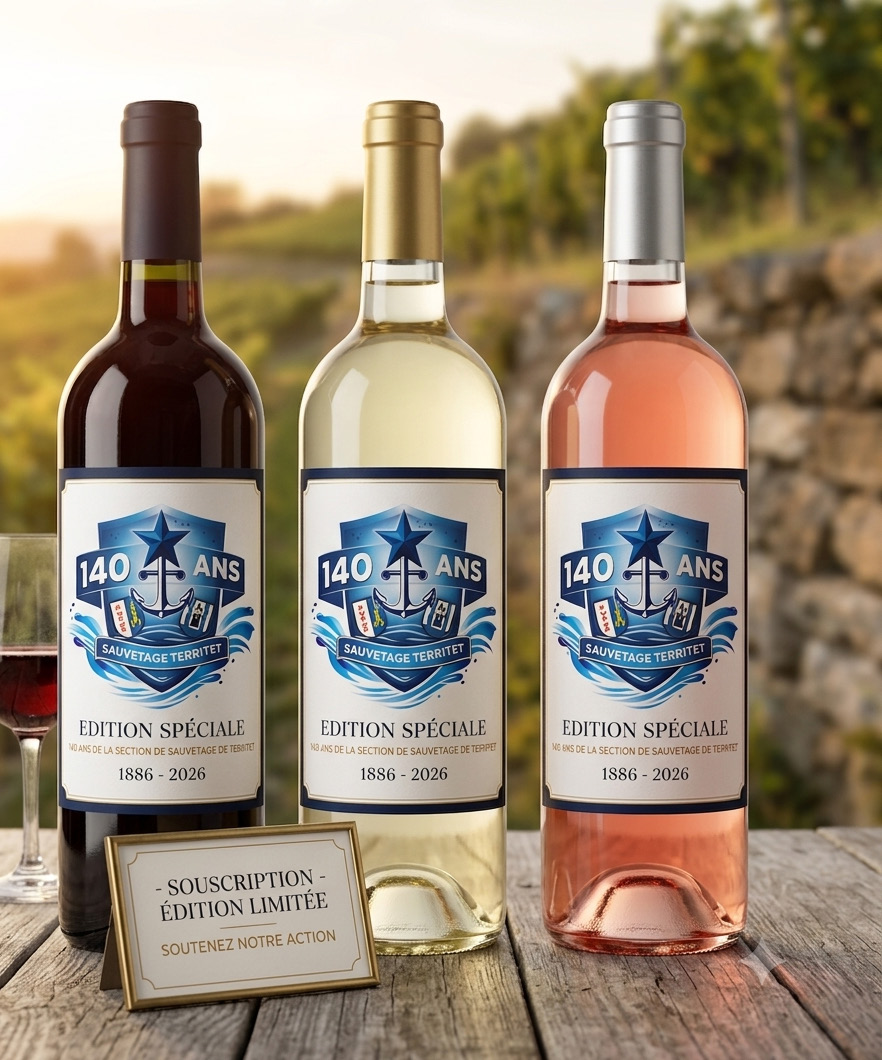 Bouteilles de vin rouge, blanc et ros&eacute; de l'&eacute;dition sp&eacute;ciale 140 ans du Sauvetage de Territet